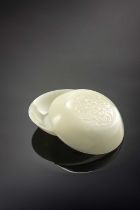 A RARE CHINESE PALE CELADON JADE CIRCULAR BOX AND COVER FOUR CHARACTER QIANLONG YUZHI MARK AND OF