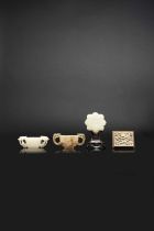 TWO CHINESE JADE CUPS AND TWO JADE PLAQUES MING AND QING DYNASTY Each cup set with two chilong