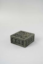 A CHINESE SQUARE SPINACH-GREEN JADE 'TRIGRAM AND DRAGON' BOX AND COVER QING DYNASTY Of square