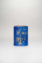 A CHINESE POWDER-BLUE GROUND AND GILT DECORATED CYLINDRICAL BRUSHPOT, BITONG KANGXI 1662-1722