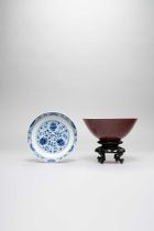 A CHINESE BLUE AND WHITE 'LOTUS' DISH AND A RUBY-RED ENAMELLED BOWL SIX CHARACTER GUANGXU MARKS