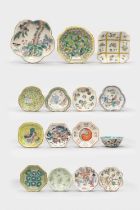 FIFTEEN CHINESE PORCELAIN ASSORTED LOW STANDS 19TH CENTURY Predominantly painted in famille rose