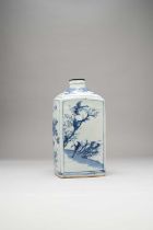 A CHINESE BLUE AND WHITE SQUARE-SECTION FLASK 17TH CENTURY Painted with panels of birds amongst