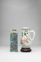 A CHINESE FAMILLE VERTE EWER AND COVER AND A LATER ENAMELLED FLASK AND COVER KANGXI AND WITH LATER