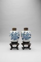 A PAIR OF CHINESE BLUE AND WHITE OVOID JARS KANGXI 1662-1722 Each painted with two foliate sprays,