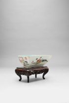 A CHINESE FAMILLE ROSE CURVED BOWL SIX CHARACTER JIAQING MARK AND OF THE PERIOD 1796-1820 Painted