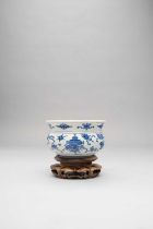 A CHINESE BLUE AND WHITE 'HUNDRED ANTIQUES' INCENSE BURNER KANGXI 1662-1722 Decorated with archaic