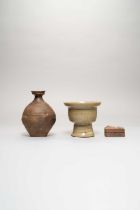 TWO JAPANESE BIZEN WARE PIECES PROBABLY 19TH CENTURY One a small rounded jar with a waisted neck,