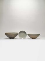 THREE KOREAN SANGGAM SLIP-INLAID CELADON PIECES POSSIBLY GORYEO, 13TH CENTURY OR LATER All three
