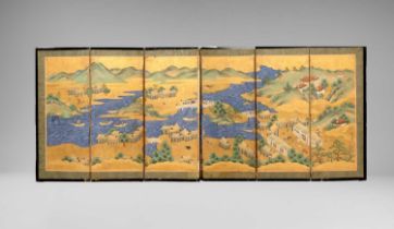 KANO DOSHUN FUKUNOBU (D.1723) VIEW OF LAKE BIWA EDO PERIOD, 18TH CENTURY A Japanese six-fold