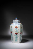 A RARE JAPANESE KAKIEMON 'HAMPTON COURT' VASE AND COVER EDO PERIOD, 1670-90 The slender hexagonal