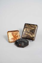 A JAPANESE LACQUER SUZURIBAKO AND TWO DISHES EDO OR MEIJI, 19TH CENTURY The rectangular writing