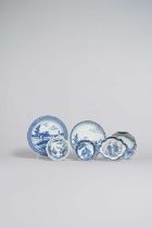 A COLLECTION OF SIX BLUE AND WHITE PORCELAIN PIECES 18TH CENTURY Two with the 'Deshima Island'