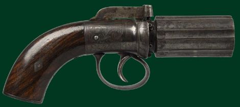 A 100 bore six-shot 'pepperbox' revolver, fluted cylinder 3 in with engraving at the muzzles,