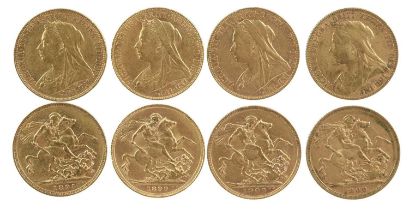 Victoria, gold sovereigns (4), veiled head: 1895, Melbourne Mint (S 3875); 1899, 1900 (2), London