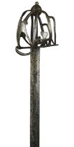 A Scottish basket-hilted sword, narrow double-edged blade 34.5 in., marked with a running wolf