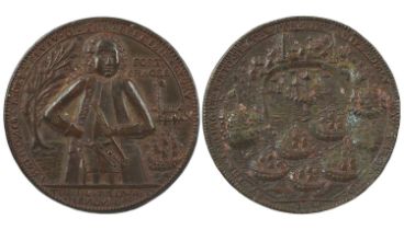 The Capture of Fort Chagre 1740, a copper medal, 39.5mm, signed I.W., three-quarter length figure of