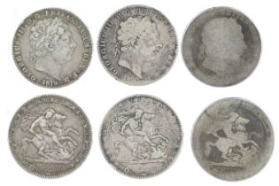 George III, silver crowns (3): 1819, edge LIX, very fine; 1820, fine or nearly so; date unclear,
