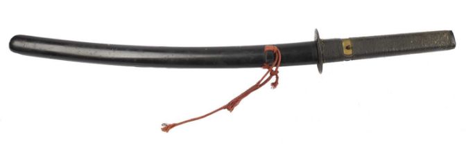 A Japanese sword (wakizashi), blade 18.75 in., hon-zukuri, plain copper habaki, nakago signed to