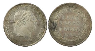 George III: silver three shillings, 1814, Bank of England issue (S 3770), about extremely fine. 34.