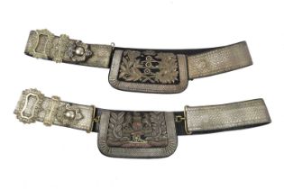 Two Victorian Artillery Volunteer officer's shoulder belts and pouches, with white metal fitting and