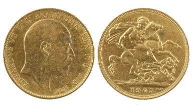 Edward VII, gold sovereign, 1905, Perth Mint (S 3972), very fine. 22.06mm diameter