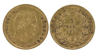 France - 2nd Empire: Napoleon III, gold five francs, 1857, 16.67mm diameter