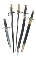 Five bayonets, as follows: a British 1887 pattern, un-fullered blade 18.25 in. and marked for