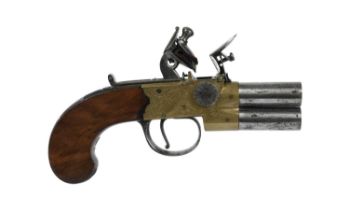 An early 19th century English tap-action double-barrelled flintlock pistol, superposed turn-off