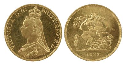 Victoria: gold five pounds, 1887, jubilee bust (S 3864), light surface marks, about extremely