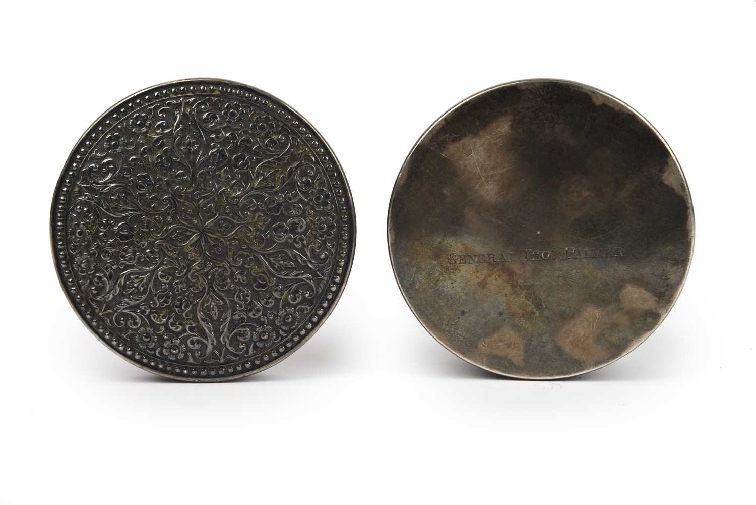 Brigadier General Thomas Palmer: an Indian silver repoussé box, of lidded circular form, the - Image 3 of 3