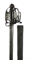 A Scottish basket-hilted sword, single-edged blade 31 in., with two narrow fillers to the back;