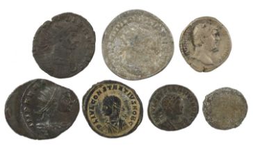 A small quantity of Roman coins, including: Hadrian (117-138), silver denarius, head right, rev.