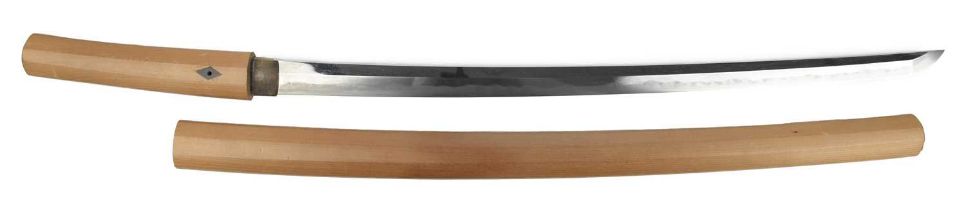 A Japanese sword (katana), blade 23.75 in., hon-zukuri, hamon based on suguha, brass habaki engraved