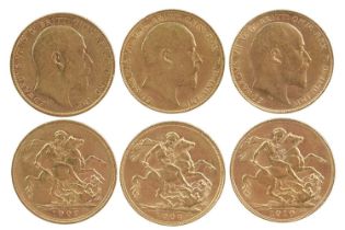 Edward VII, gold sovereigns (3): 1908, 1910 (S 3969); 1902, Melbourne Mint (S 3971); about very