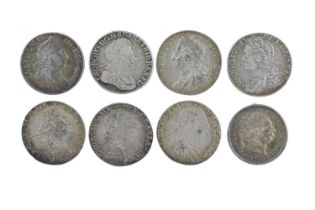 A quantity of English and British silver shillings, comprising: William III, 1697, third bust,