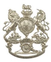 1st Forfarshire Artillery Volunteers: a Victorian white metal helmet plate, Royal Arms with a cannon