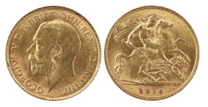 George V, gold half sovereign, 1914 (S 4006), about extremely fine. 19.39mm diamteter