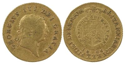 George III: gold half guinea, 1806, seventh head, rev. shield in garter (S 3737), good fine. 20.73mm