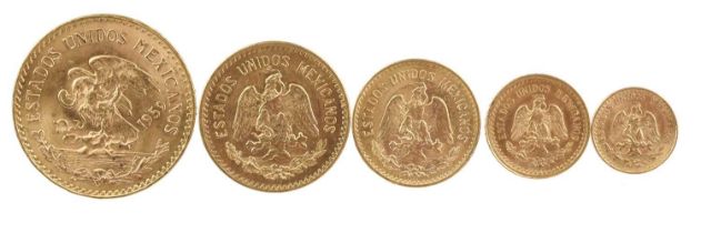 Mexico: a small group of gold coins, comprising: twenty pesos, 1959 restrike (F 171R); ten pesos,