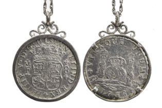 Spanish Mexico: Phillip V, silver eight reales, 1736, set in a plain pendant mount with scrolling