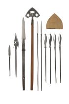 A collection of Japanese arrow and spearheads, comprising: an arrowhead (yanone), of broad