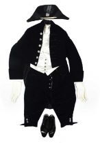 A British court uniform, comprising: velvet tailcoat with cut steel buttons and corresponding knee