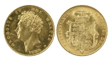 George IV: gold half sovereign, 1828, bare head, rev. garnished shield (S 3804), extremely fine.