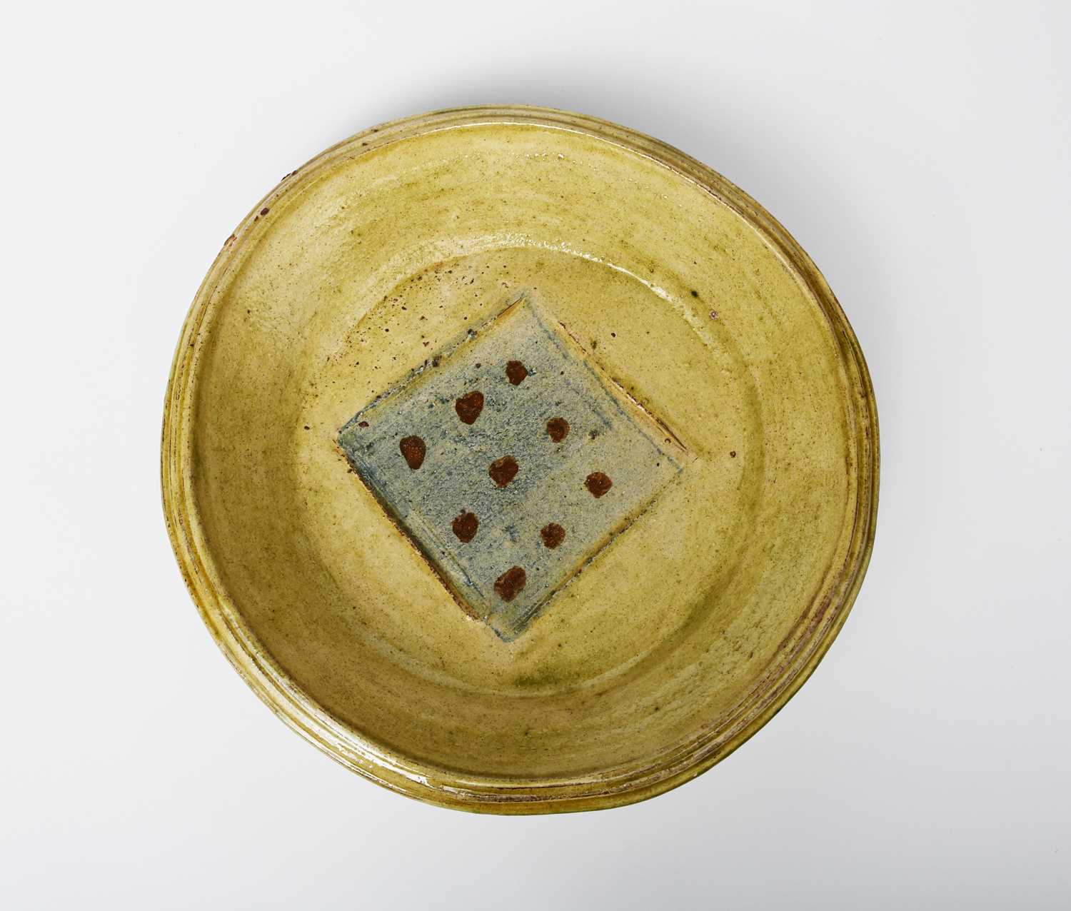 Geoff Fuller (1936-2022) a stoneware bowl on three feet, painted to the well with geometric panel, a - Image 2 of 2