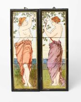 A pair of Aesthetic Movement Mintons three tile panels, printed and painted with classical female