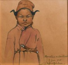 Φ Léa Lafugie (French 1890-1972) Portrait of a child monk Signed Monastere de Moulbeck/7 Juin 1926/