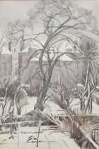 Φ Percy Hague Jowett (1882-1955) Garden Under Snow, Putney Dated 9.1.24 (lower left) Pencil and