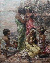 Edward Atkinson Hornel (Scottish 1864-1933) Burmese girls on the banks of the Irrawaddy Signed and