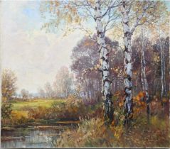 Φ Emile Bartoschek (Polish 1889-1969) Autumn landscape with a tree-lined pond Signed E.Bartoschek (